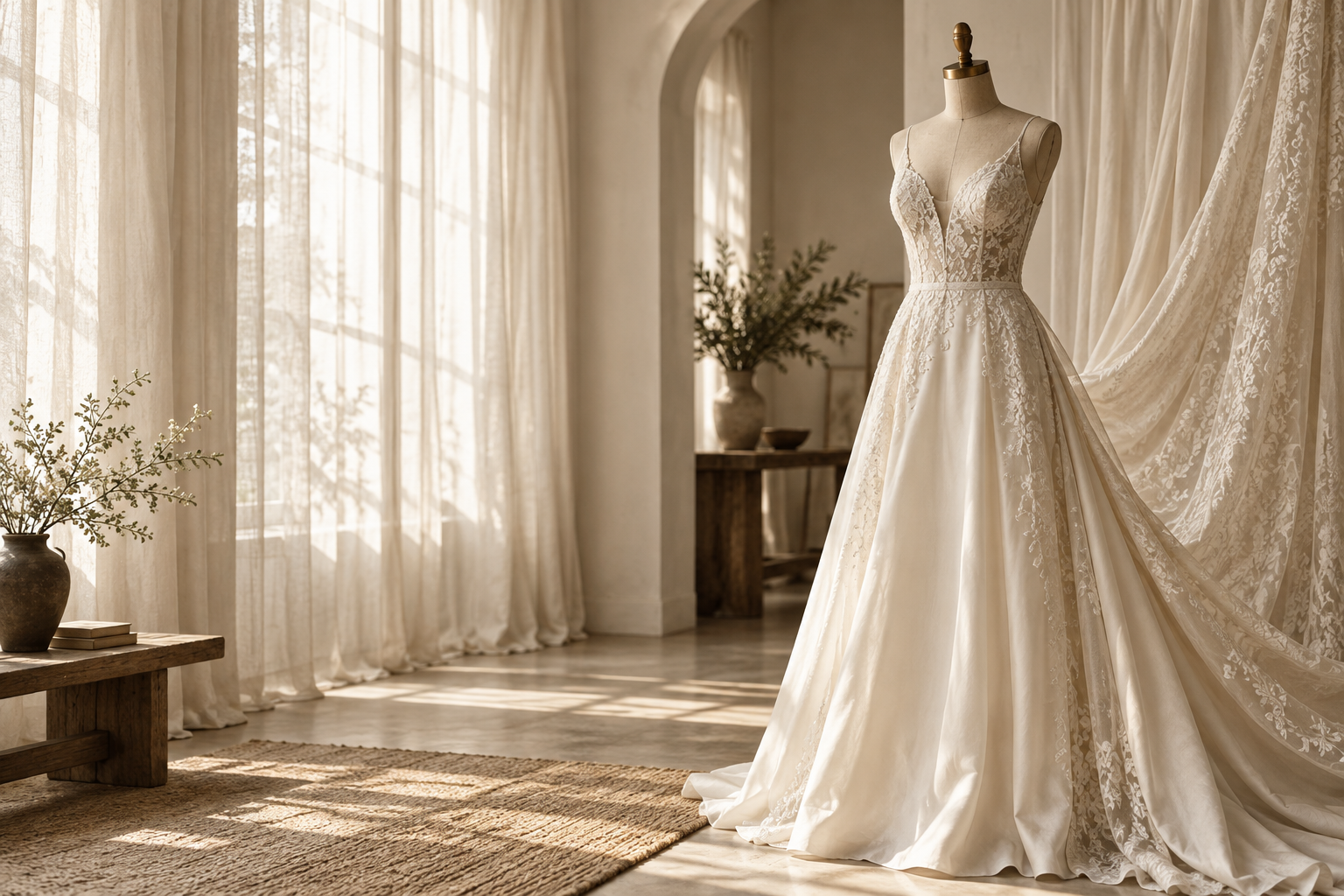 Ivory bridal silhouette on a dress form
