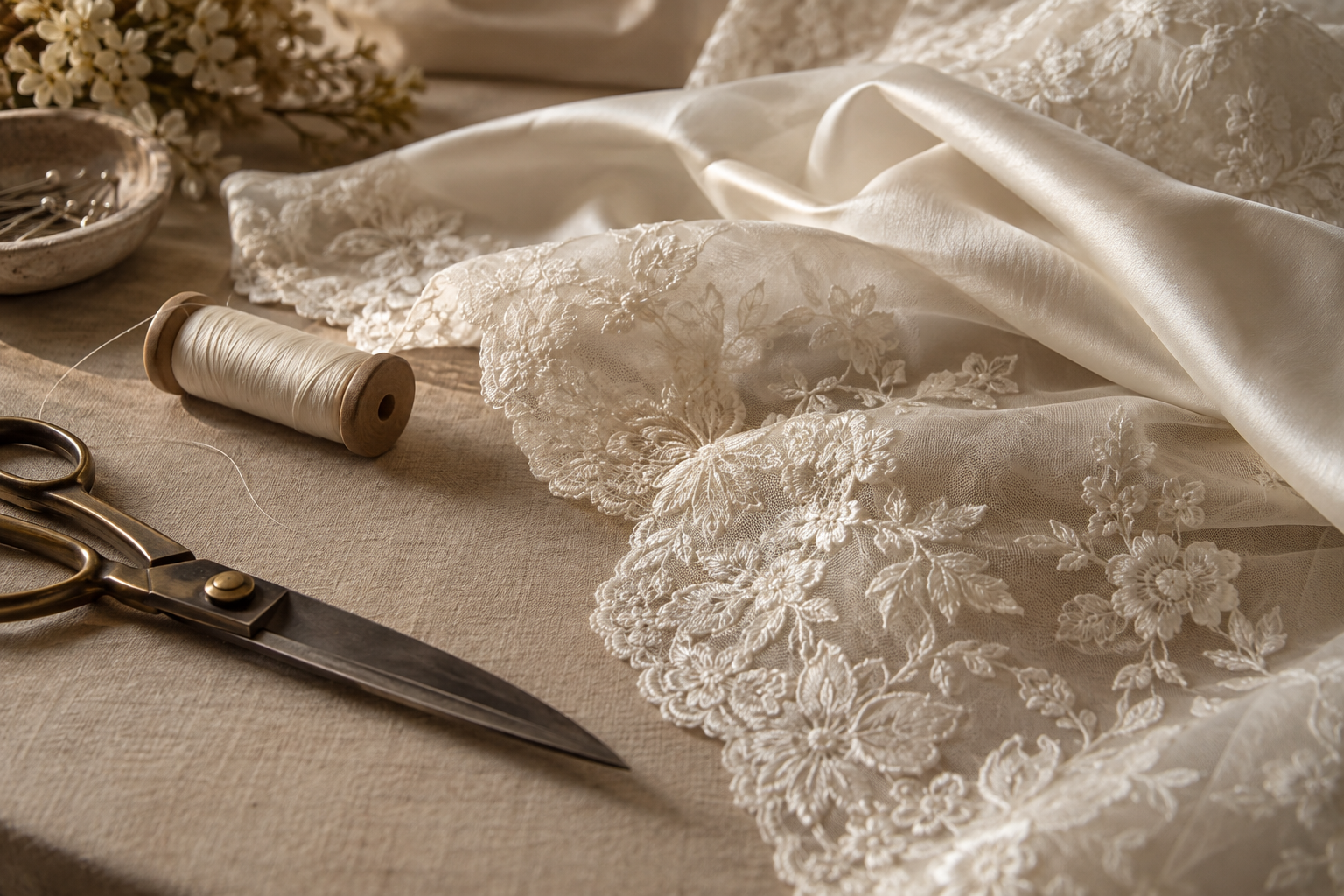 Fabric, lace and dressmaking scissors for a bespoke garment
