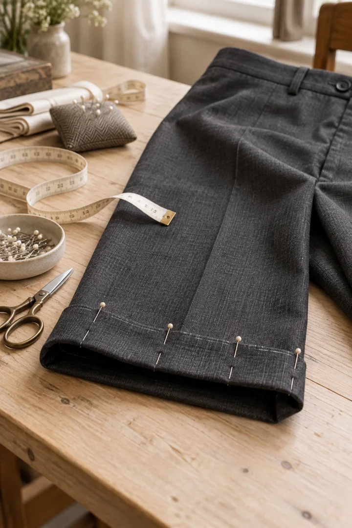 Charcoal trousers with a pinned hem and a tailor’s measuring tape